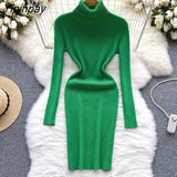 Yipinpay Full Sleeve Slim Knitted Pencil Dress Female Casual Pullover Turtleneck Sweater Bodycon Dress Ladies Autumn Winter