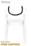 Yipinpay Slim Crop Tops Woman Casual Korean Style Pullover Pure Color 2023 Autumn Long Sleeve Knitted Short T-shirt Female Thin