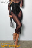 Yipinpay See-Through Black Mesh Sheer Cover-ups Bodycon Dress Women Sexy Off-Shoulder Long Sleeve Midi Club Dress Streetwear