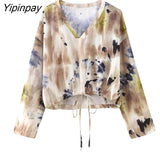 Yipinpay Summer Women Print Blouse Pants Sets 2023 Casual Long Sleeve Short Shirt Tops Elastic Waist Pants Outwear