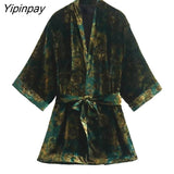 Yipinpay Women Loose Velvet Kimono Blouses WIth Belt 2023 Spring Causal Long Sleeved Tops Printed Fashion V-neck T-Shirts