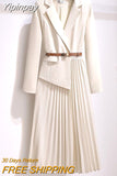 Yipinpay Dres Women With Belt Elegant Work Wear V-neck Office Ladies Pleated Long Sleeve Suit Dresses Luxury Oversized Vestidos