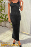 Yipinpay Women Long Bodycon Dress Solid Color Knitted Sleeveless Sling Spaghetti Strap Cocktail Dress Summer Party Club Dress S M L