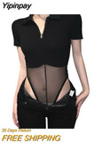 Yipinpay Women Mesh Patchwork Bodysuit Summer Sexy Black Solid Color Quarter Zip Turn-down Neckline Jumpsuit Club Wear Women Clothes