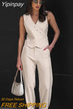 Yipinpay Office 2 Pieces Button Cotton Pants Suits Blazers Vest Wide Leg Trousers Women Linen Outfits Summer Pants Two Pieces