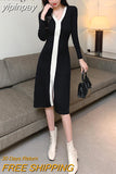 yipinpay Long Sweater Dress Women Spell Color Elegant Vintage Casual Slim V-neck Knitted Dresses Womans Black Chic Vestidos
