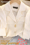 Yipinpay Crop Top Short Sleeve Blusas Mujer Puff Plaid Shirt Female Casual Suit Camisas Femme Striped Blouse Summer New Elegant