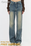 Yipinpay Retro Blue Washed Bootcut Jeans For Women Y2k Fashion High Waisted Wide Leg Pants Female Bottoms Cotton Denim Trousers