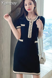 Yipinpay Button Knitted Mini Dress Short Sleeve Sweet Vestido De Mujer Summer 2023 French Elegant Party Black Casual Vrouw Jurk