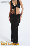 Yipinpay Fashion Women Summer Outfits Solid Color Sheer Bandage Knit Tank Tops And Elastic Low Waist Long Skirt Set Clubwear S M L