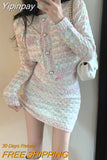 Yipinpay Cropped Rainbow Cardigan Tweed Jacket Korean Chic Fall Wrap Hip Skirt Sets 2 Piece Sets