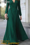Yipinpay Women Sexy Formal Maxi Dress V Neck Long Sleeve Solid color Bandage Office Ladies Evening Party Prom Gown