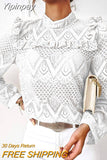 Yipinpay Women's Lace Hollow Out Blouse Elegant Ruffles Shoulder Long-Sleeved Shirt Top Office Lady Round Neck Warm Floral Tops Spring