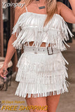 Yipinpay Fashion Women Acute Summer 2PCS Outfit Sets Sleeveless Sequins Sling Vest + Tassel Mini Skirt With Belt Club Street Style