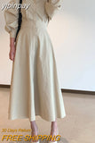 yipinpay Women's Shirts Dresses Slim Korean Chic Fashion Casual Single-breasted Long Midi Dress Office Ladies White OL Vestidos