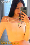 yipinpay Shirt Long Sleeve Top Off Shoulder Crop Top Chain Hollow Out T-Shirts Yellow Tees Solid Slim Black Streetwear Y2K Top
