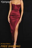 Yipinpay Satin Dress Bodycon Side Split Spaghetti Strap Sexy Dress Maxi Dress Elegant Dresses For Women Party Robe Femme Evening
