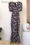 Yipinpay Chic Retro Elegant Wrap Hip V Floral Print Short Sleeve Chiffon Dress Women Summer 2023 Robe Femme Vestidos Mujer