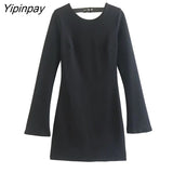 Yipinpay Spring Autumn Backless Mini Dresses 2023 Women Long Sleeve O-neck Solid Party Dress Elegant Chic Tops Outerwear