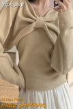 Yipinpay Bow Long Sleeve Sweater Women Slim Fit Simple Knitted Tank Tops Autumn Winter 2023 New Korean Chic Two Piece Set Y2k