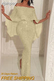 yipinpay 2023 Bling Glitter Elegant Party Evening Maxi Dress Y2K Bodycon Sexy Women Summer Off Shoulder Ruffles Solid Long Dresses