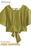Yipinpay 2023 Woman Bow Backless Crop Top Women Green Short Sleeve Blouses Summer 2023 Tied Streetwear Cropped Chic Women Blouse