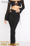 Yipinpay Sexy Women 2 Pieces Skirts Outfits Solid Color Long Sleeve Cardigan Crop Tops + Side Cutout Tie-Up Long Skirt Set S M L