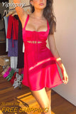 Yipinpay MO Satin Hollow Out Draw String Chest Wrapping Mini Dress Women Sexy Slim Party Spaghetti Strap Backless Dress Vestidos