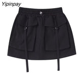 Yipinpay Women Fashion Pockets Mini Skirt 2023 Spring Autumn Sexy Solid High Waist Vintage Skirt Casual Streetwear