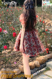 Yipinpay Summer Sweet Kawaii Y2k Mini Dress Woman Vintage Floral Short Sleeve Dress Elegant Party One Piece Dress Korean Style Chic