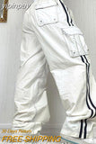 yipinpay Jeans White Pant Low Rise Cargo Pants Women Jogging Lace Up Wide Leg Pant Side Stripe Streetwear Loose Denim Trousers