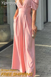 Yipinpay High Waist Loose Solid Color Summer Short Sleeve Slim Fit Splicing Casual Jumpsuit