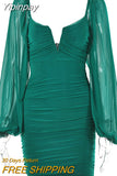 Yipinpay V-Neck Puff Sleeve Ruched Dress Women Party Double Layer Long Sleeve Sexy Mini Dresses Elegant Femme Clubwear Clothing