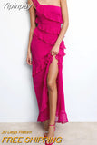Yipinpay Fashion Women Slip Dress Sleeveless One-Shoulder Ruffled Slip Dress Summer Long Slit Dress For Cocktail Party Street Style
