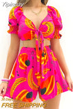 Yipinpay Women All Over Print Short Sleeve Top & Drawstring Shorts Set 2023 Fashion New Shorts Suit Female Casual Office Clothing