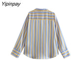 Yipinpay Fashion Ladies Striped Blouses Shirt 2023 Summer Causal Turn-Down Collar Tops Vintage Single Breasted Loose T-Shirts