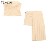 Yipinpay Fashion Women Solid Pant Sets 2023 Spring Summer Strapless Tops Women High Waiste Casual Zipper Wide Leg Pants Set