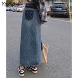 Yipinpay Blue High Waist Jean Skirts For Ladies A Line Long Skirts For Women