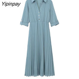 Yipinpay 2023 Women Solid Pleated Shirt Dresses Summer Elegant Turn Down Collar Mid-Calf Dresses A-line Long Sleeve Vestidos