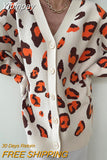 Yipinpay Fall Winter Oversized Knit Leopard Cardigans Tops Women Casual Fashion Long Sleeve Button down V-Neck Sweaters Outwear