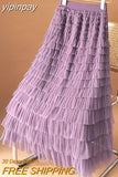 yipinpay Fashion Luxury Elegant Fairy Long Maxi Skirt Women Mesh Layers Pleated Korean Cupcake Skirts for Woman Faldas 96cm