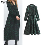 Yipinpay Women Fashion Print Mid-Calf Dresses With Belt 2023 Female Elegant Turn Down Collar Dresses Long Sleeve Soft Vestidos