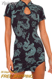 Yipinpay Summer Chinese-style Dragon Print Cheongsam Dress Women Slim Split One-piece Dress Vintage Clothes