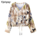 Yipinpay Summer Women Print Blouse Pants Sets 2023 Casual Long Sleeve Short Shirt Tops Elastic Waist Pants Outwear