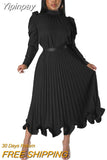 Yipinpay Women Sets Two Piece Set O-Neck Long Lantern Sleeve Top And Elegant Pleated Long Skirt High Streetwear Casual Beach Suit