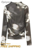 Yipinpay Printed Mesh Tops For Women Tulle Crop Top Long Sleeve See-Through Blouse Female High Neck Fashion Woman Blouses 2023