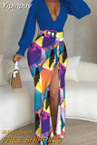 Yipinpay dresses for women sexy Tie Dye Print Plunge High Slit Drawstring Maxi Dress new fashion 2023 summer casual