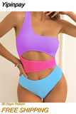 Yipinpay Shoulder Women One Piece Swimsuit 2023 ColorBlock Sexy Ribbed Female Swimwear High Waist Swimming Suit Monokini Bathing Suit