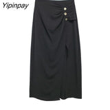 Yipinpay 2023 Women Solid Mid-Calf Skirts Summer Fashion High Waist Side Split Skirt Dress Female Vintage Straght Skirts