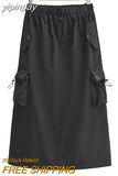 yipinpay Women's Cargo Skirt Pockets Split Long Skirts Y2k Streetwear 2000s Aesthetic Drawstring Aesthetic Skirts High Waist A Line Skirt